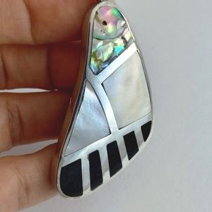 Large Vintage 925 Sterling silver Abalone Shell Multi color inlay pendant